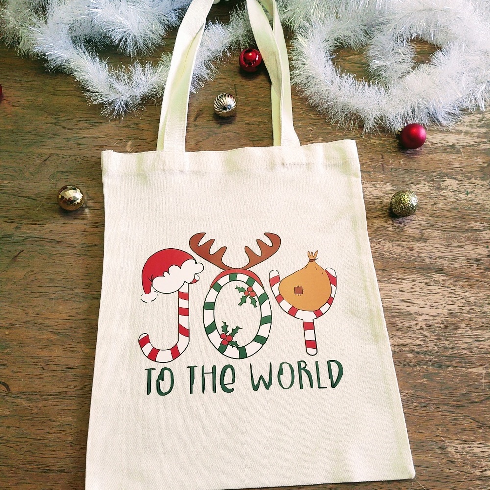 NEW CANVAS TOTE BAG, GROCERY BAG, RED/GREEN STRIPED JOY TO THE WORLD 12" X 14"